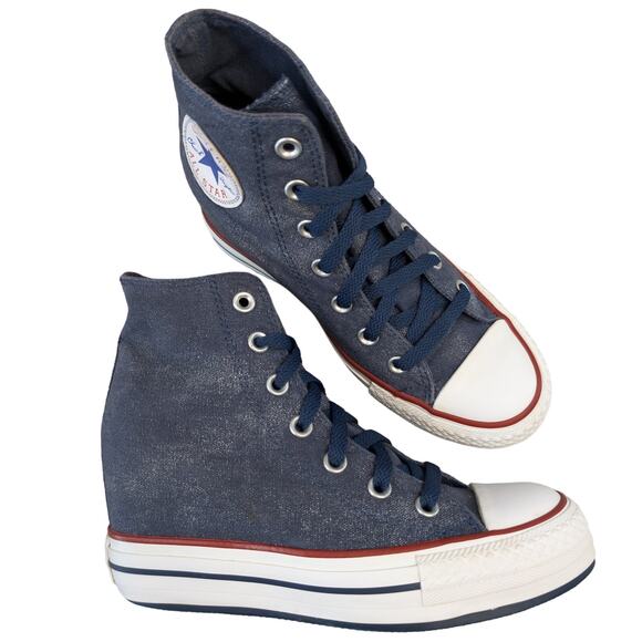 Converse 2014 Platform Plus High Top Hidden Wedge Blue Sparkle Sneaker Womens 7 - Picture 1 of 12